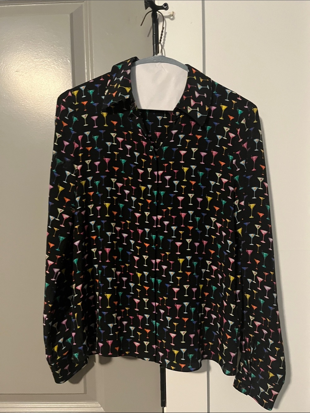 Alice + Olivia Black Button-Down Shirt with Multicolor Martini Print